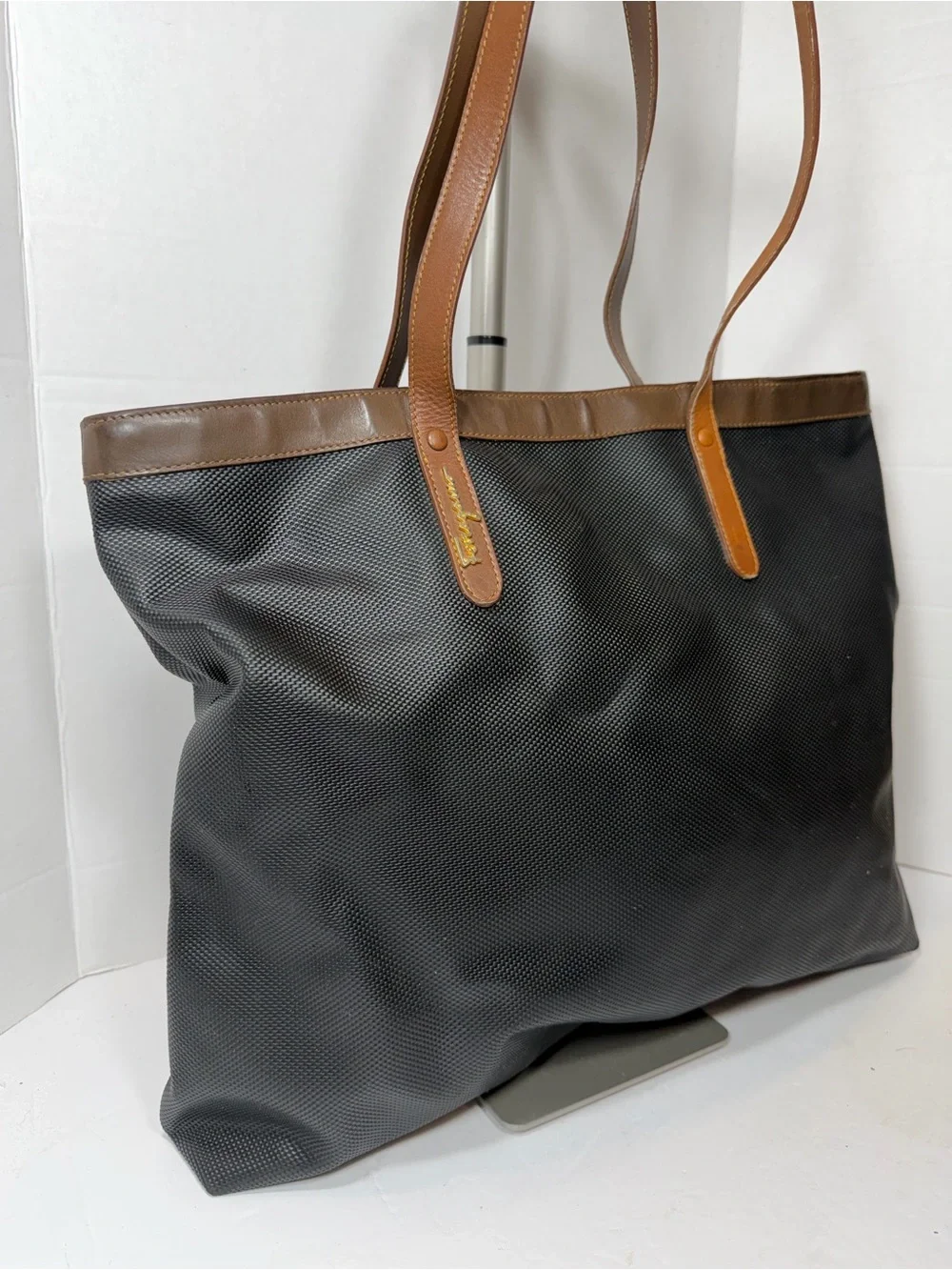 SALVATORE FERRAGAMO Vintage Authentic Black Coated Canvas/Vinyl and Leather Trim